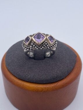 SLC Sterling Silver 925 & 14K Gold Amethyst Ring Three Stone Cushion Cut Ring s7